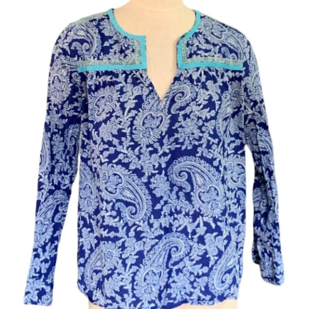 J Crew V-Neck Cotton Tunic Top BOHO Paisley Embroidered S‎ Blue #352J